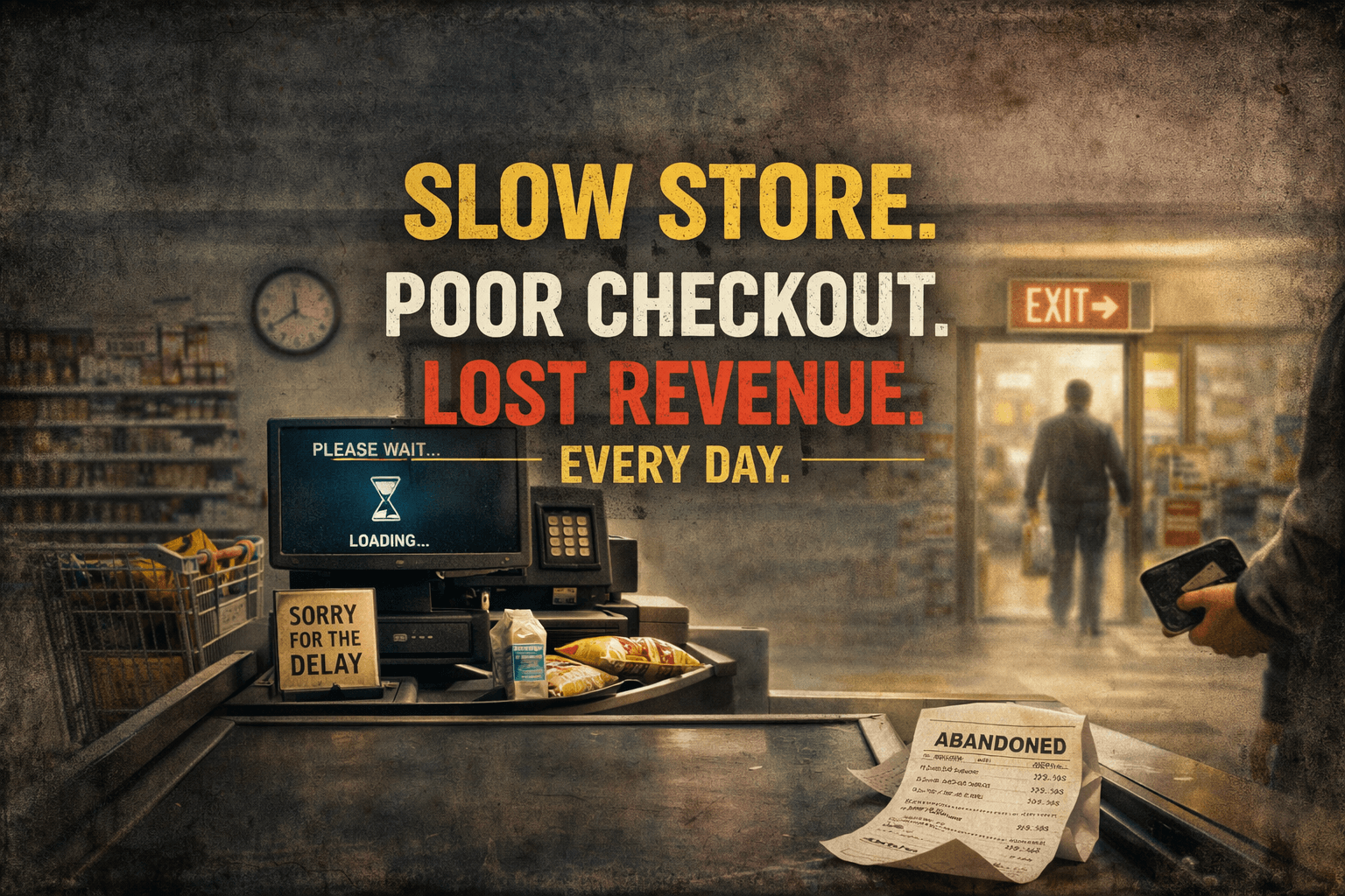 slow-store-poor-checkout-lost-revenue-every-day-customer-abandons-grocery-checkout