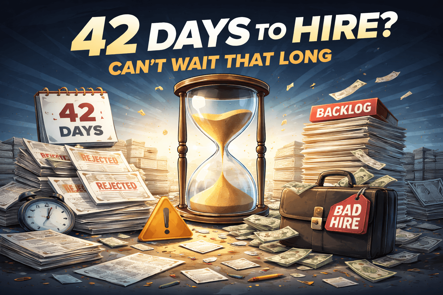 42-days-to-hire-cant-wait-that-long-hourglass-with-rejected-applications-backlog-and-bad-hire-briefcase