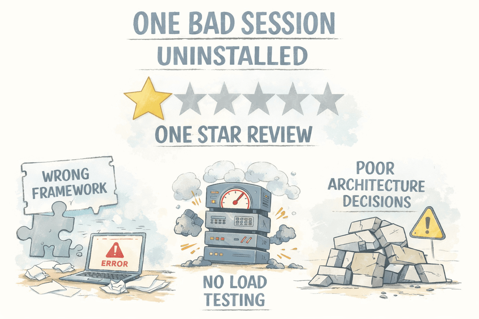 one-bad-session-one-star-review-wrong-framework-no-load-testing-poor-architecture-light-illustration