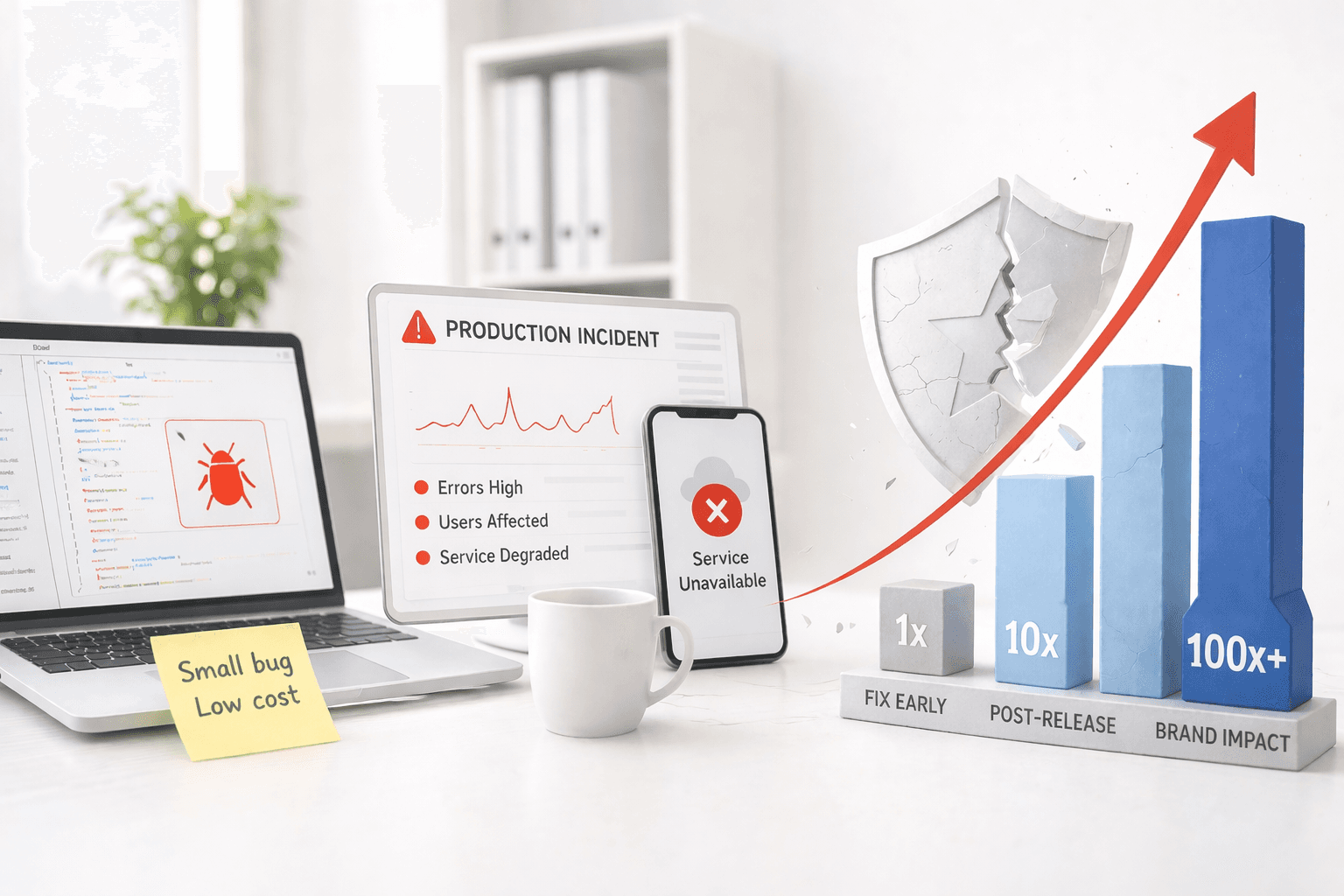 laptop-shows-small-bug-low-cost-note-tablet-displays-production-incident-with-service-unavailable-warning-3D-bar-graph-visualizes-escalating-cost-from-fix-early-to-brand-impact.