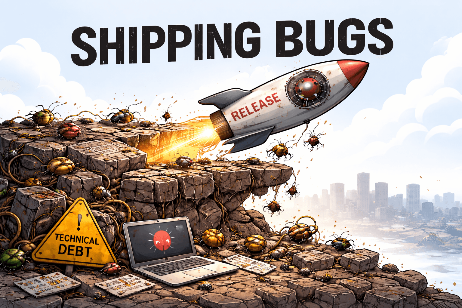 shipping-bugs-release-rocket-launching-with-code-bugs-over-technical-debt-warning-sign