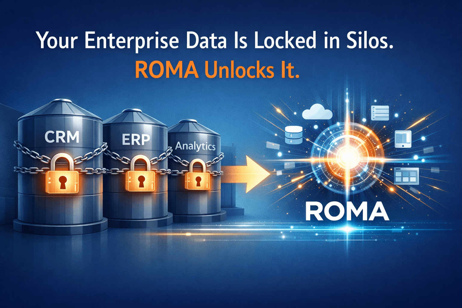 enterprise-data-locked-in-silos-roma-unlocks-it-showing-crm-erp-analytics-databases-with-padlocks-transforming-into-connected-cloud-network