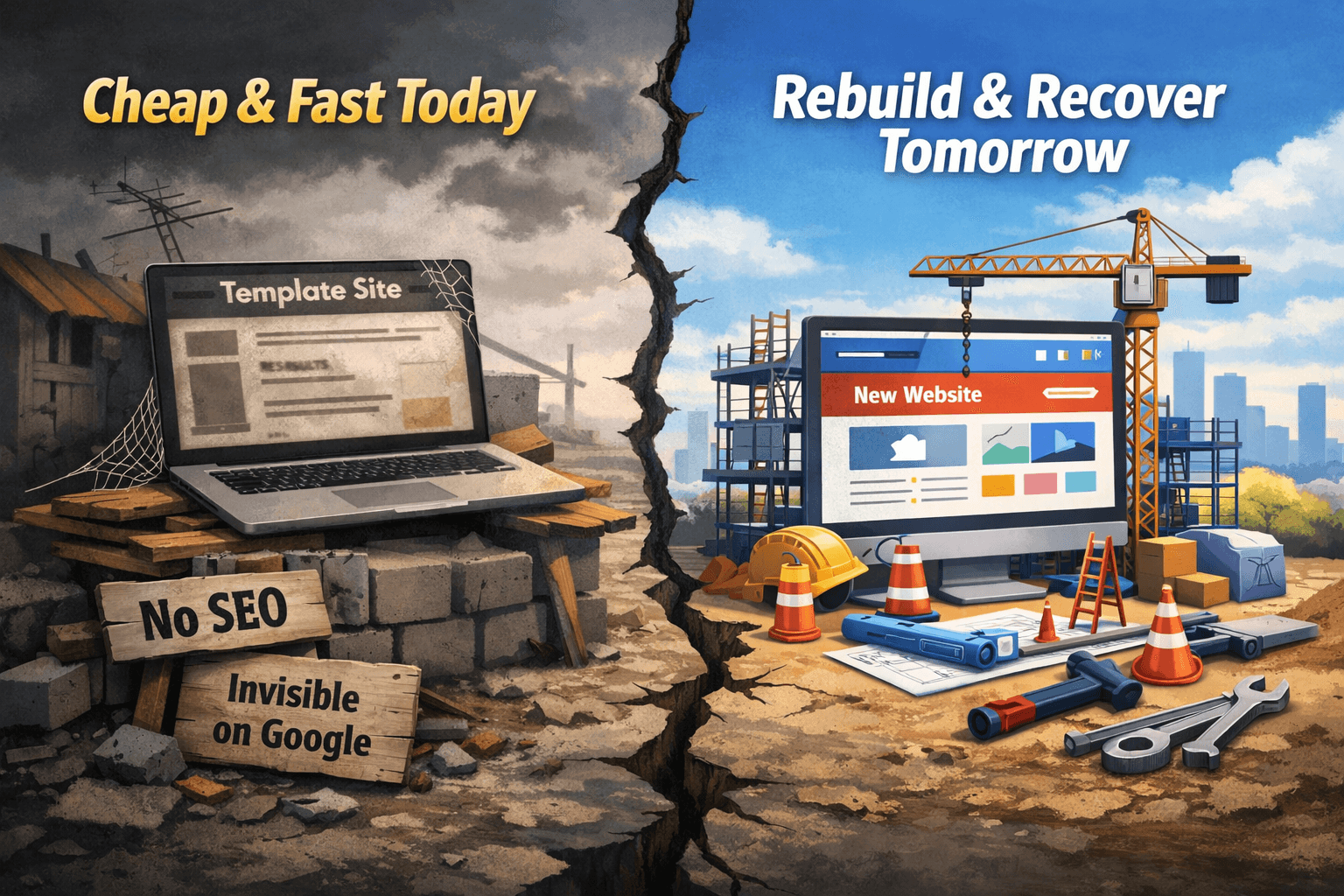 cheap-fast-website-rebuild-contrast-with-broken-template-site-no-seo-and-new-optimized-website-under-construction-in-landscape-format