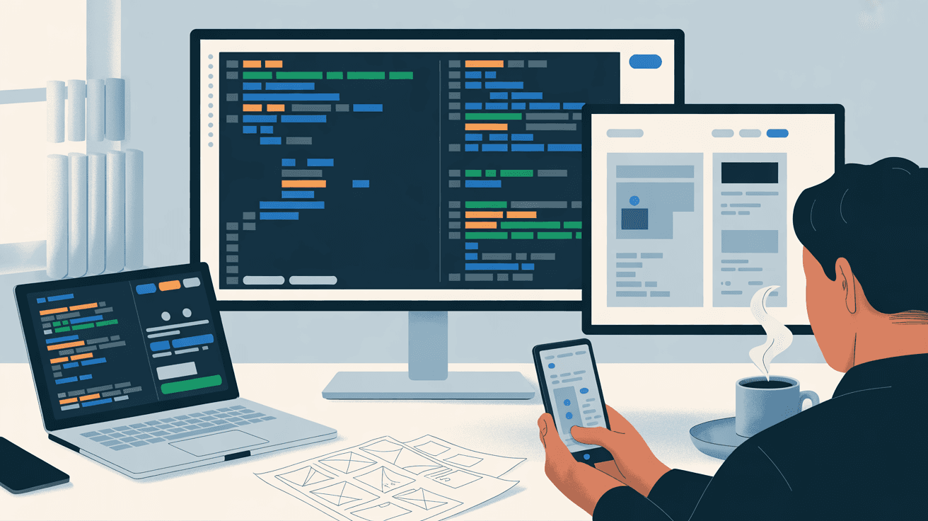 software-developer-working-on-coding-project-with-multiple-devices-and-UI-wireframes